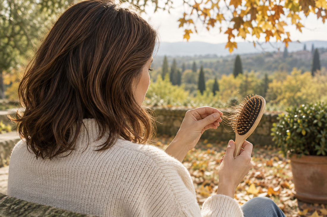 Donna che osserva pochi capelli sulla spazzola durante l’autunno